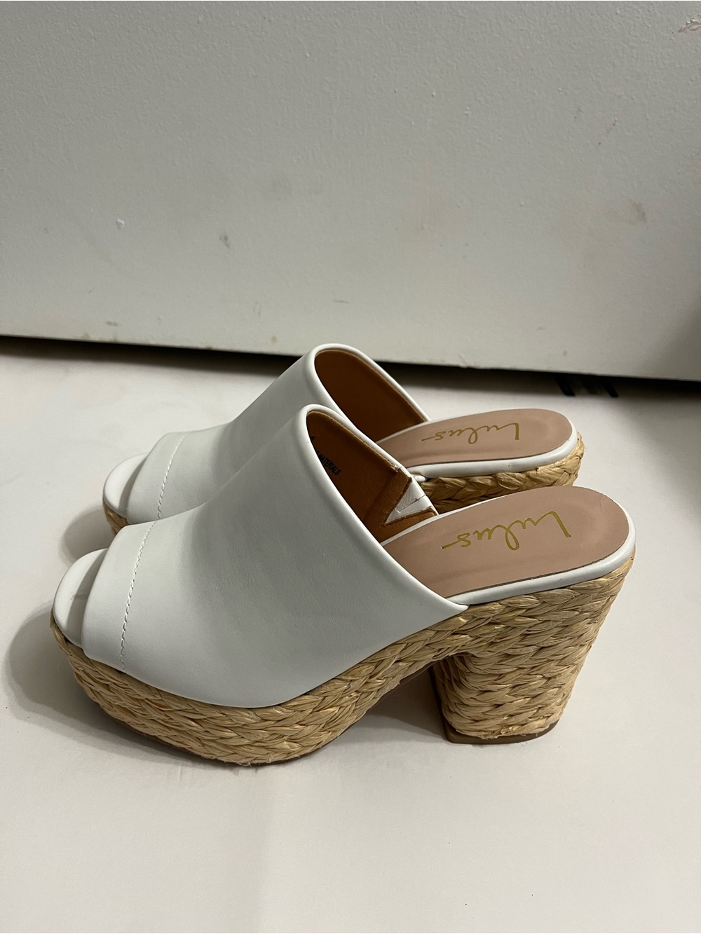 Lulu's White Leather Peep-Toe Platform Mules with Woven Espadrille Heel